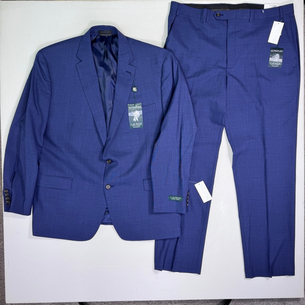 Ralph Lauren Ultraflex Navy Blue 100% Wool Suit Jacket 46R 38x31 NWT Career